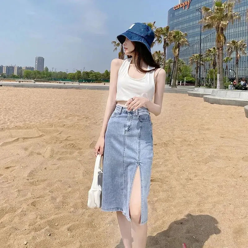Denim Midi Skirt with Side Split Detail