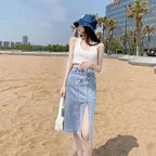 Denim Midi Skirt with Side Split Detail
