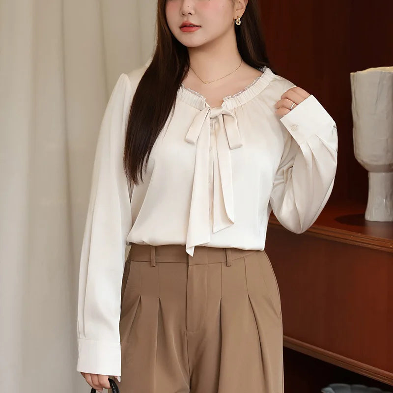 Lace V-neck Bow Bandage Long Sleeve Satin Blouse