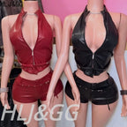 Halter Zipper Sleeveless Slim Top And Shorts Set