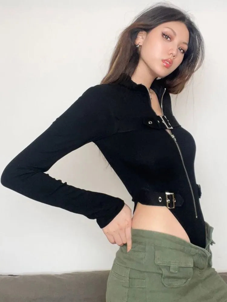 Metal Button Zipper Bodysuit