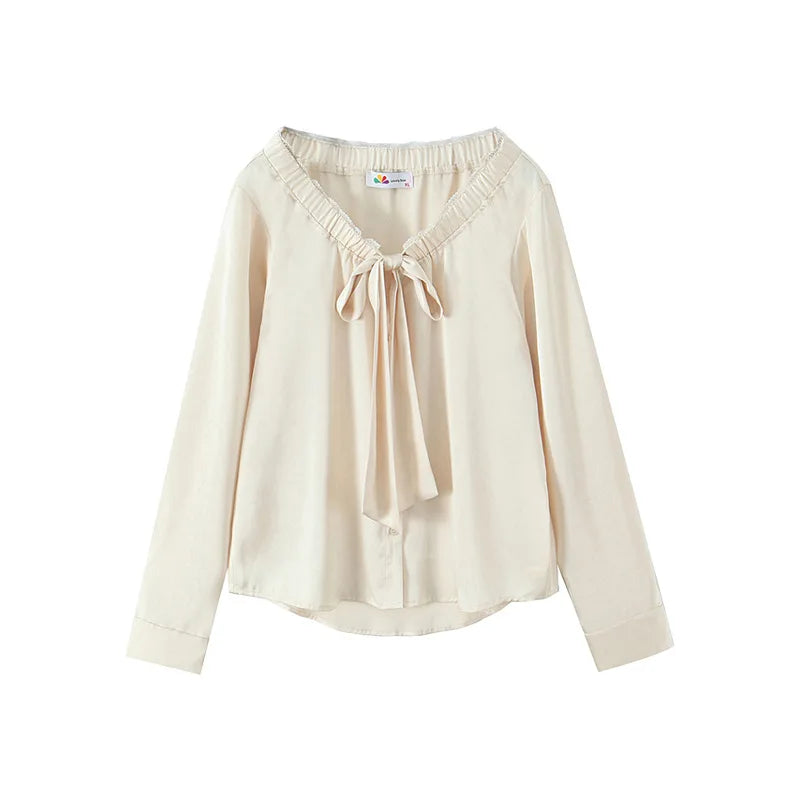 Lace V-neck Bow Bandage Long Sleeve Satin Blouse