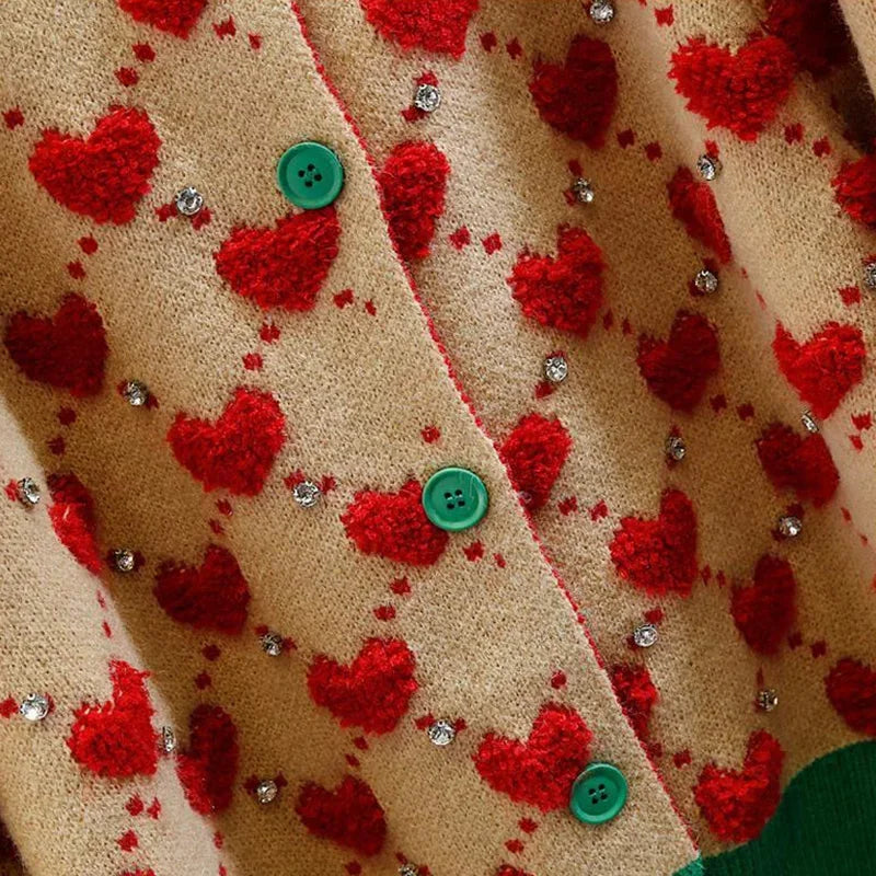 Heart Plaid O-Neck Knitted Cardigan