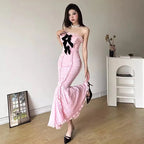 Bow Pins Floral Lace Maxi Dress
