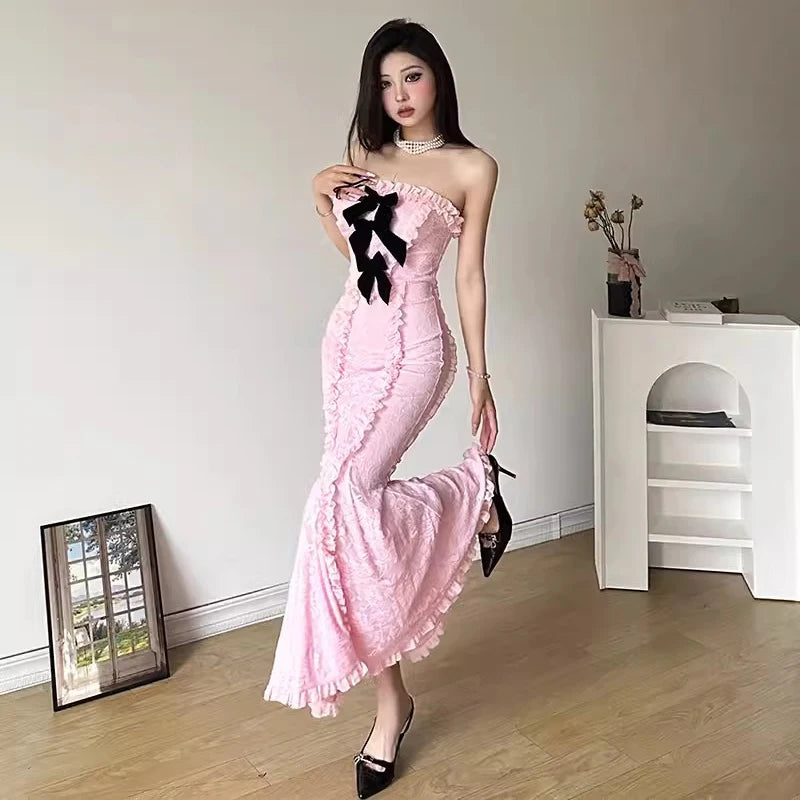 Bow Pins Floral Lace Maxi Dress