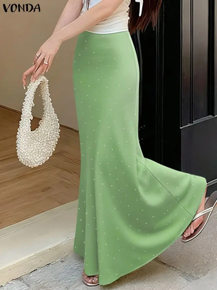 VONDA Polka Dot Satin Maxi Long Skirt