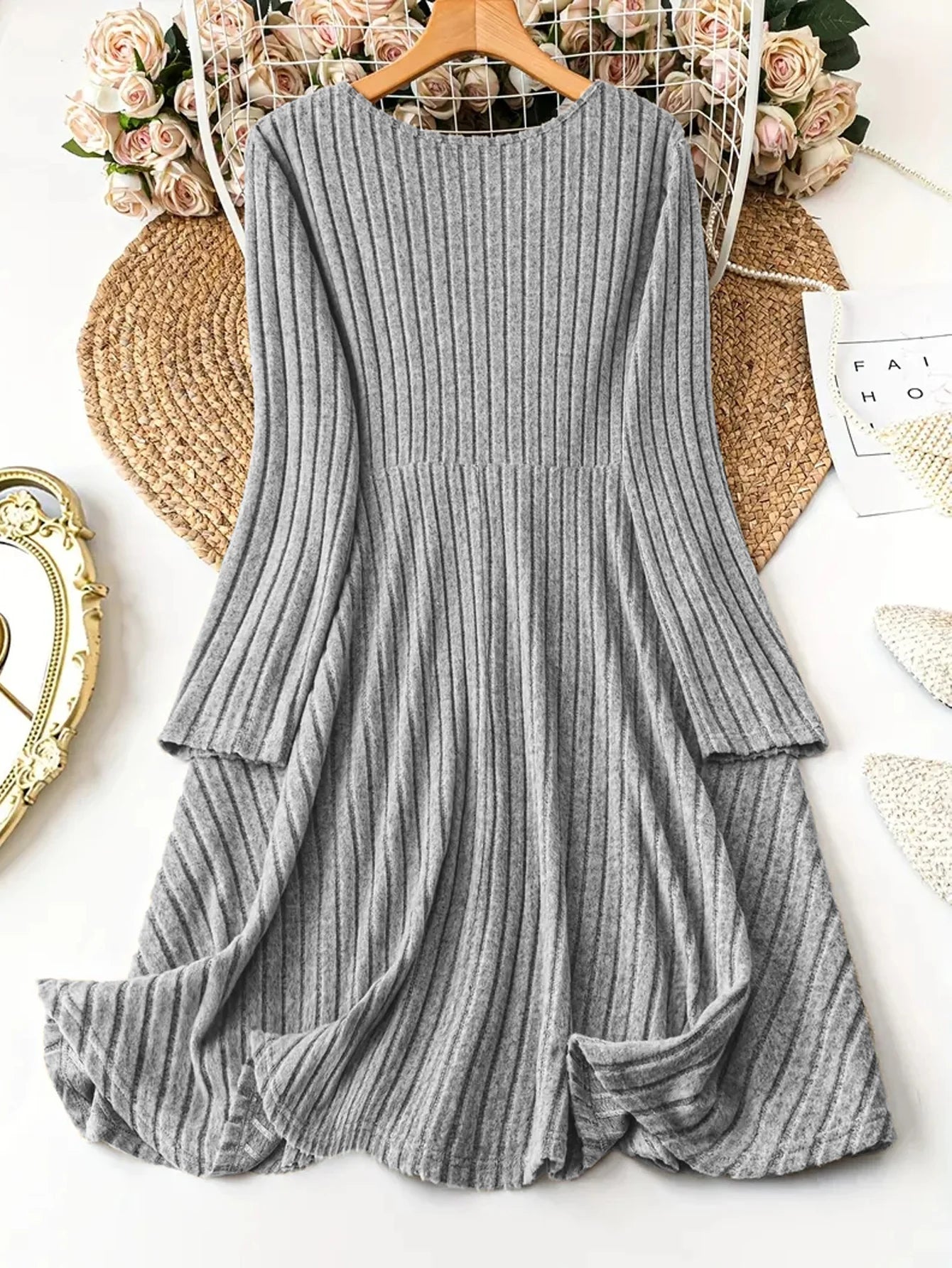 Solid Color V-Neck Long Sleeve Stripe Dress
