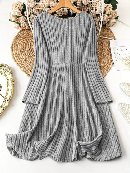Solid Color V-Neck Long Sleeve Stripe Dress