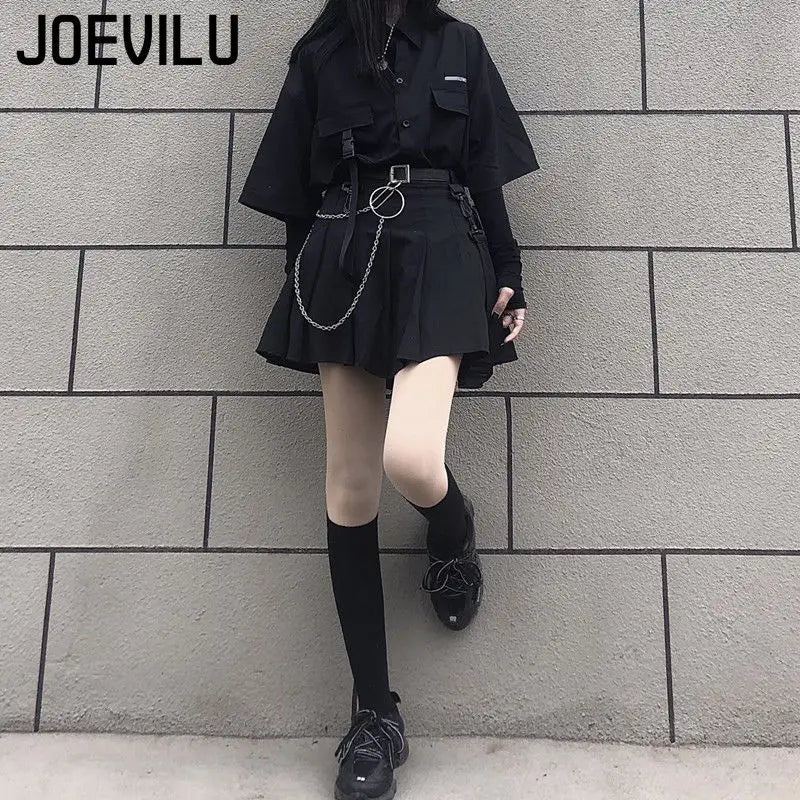 Loose Shirt Pleated Mini Skirt Set