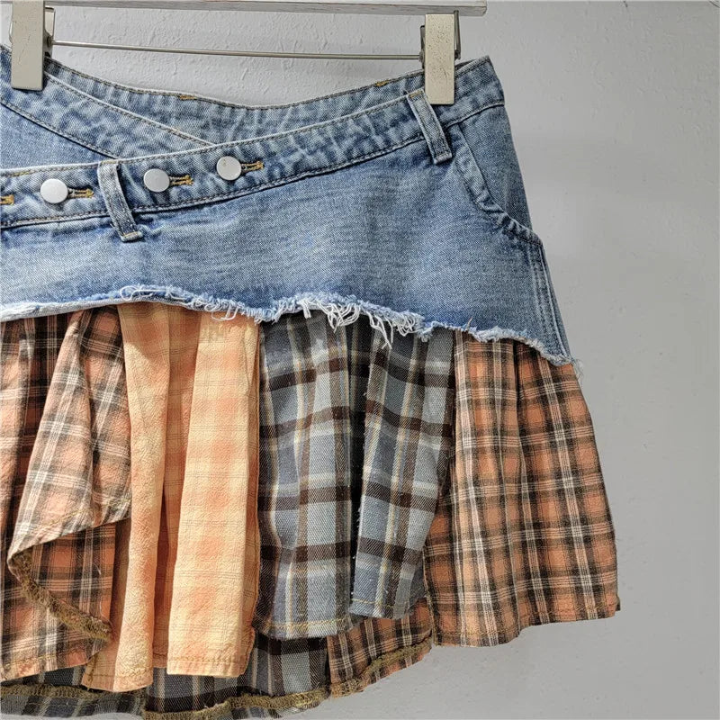 Plaid Denim Patchwork Irregular A-Line Mini Skirt
