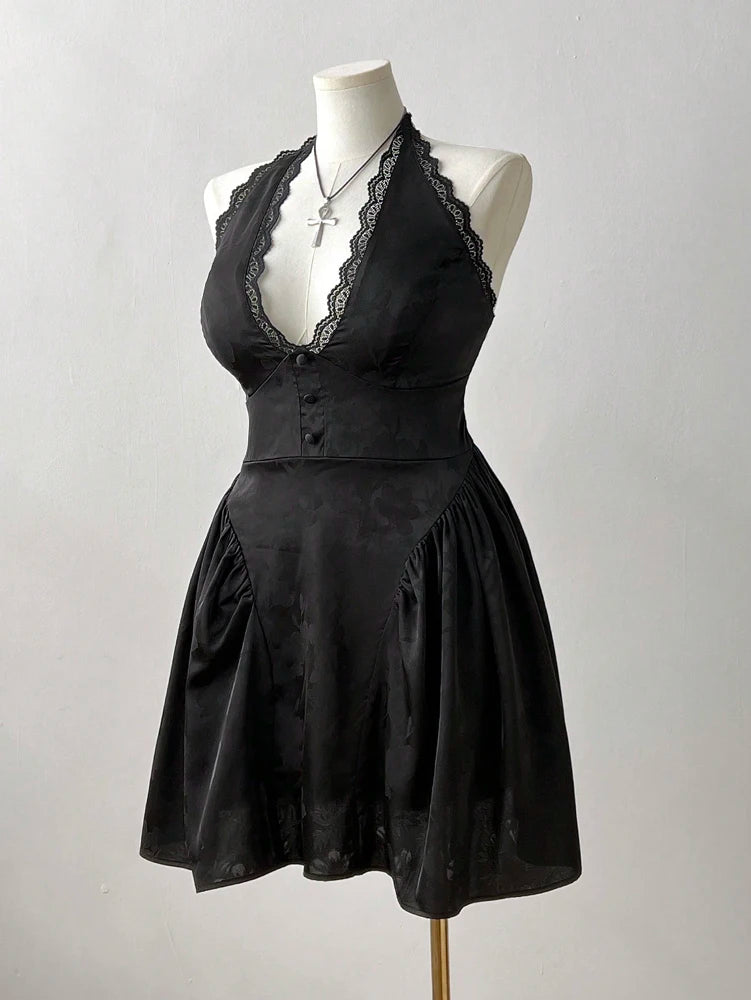 Jacquard V-Neck Lace Back Cutout Dress