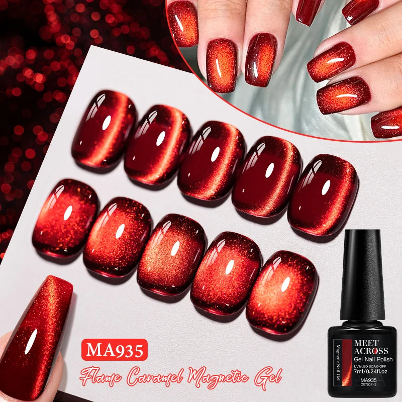 MEET ACROSS 7ml Dark Red Cat Magnetic Gel Nail Polish for Winter Nails DIY Jelly Glass Holographic Cat Eye Gel UV Gel Nail Art