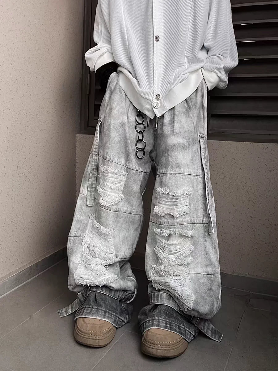 Wide-Leg Distressed Jeans with Patchwork Detail