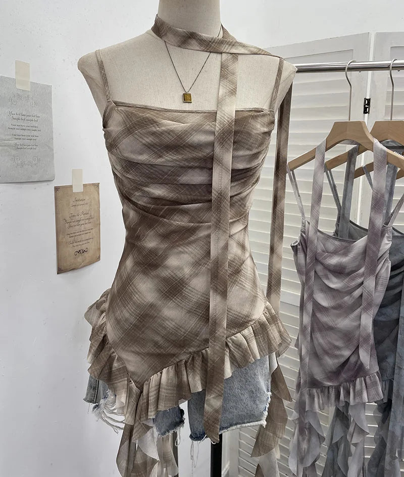 Plaid Printed Mesh Spaghetti Strap Camisole