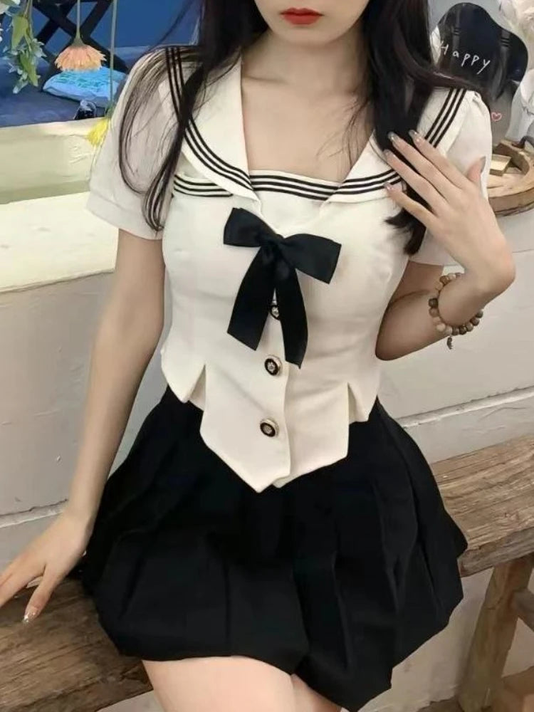 Navy Collar Short Sleeve Top + Mini Pleated Skirt Set