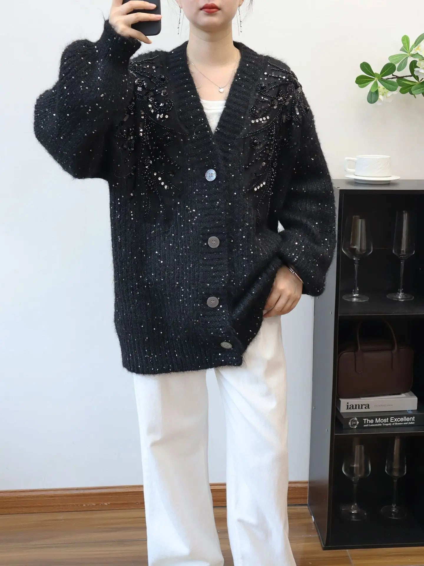 Knitted V Neck Sequins Cardigan