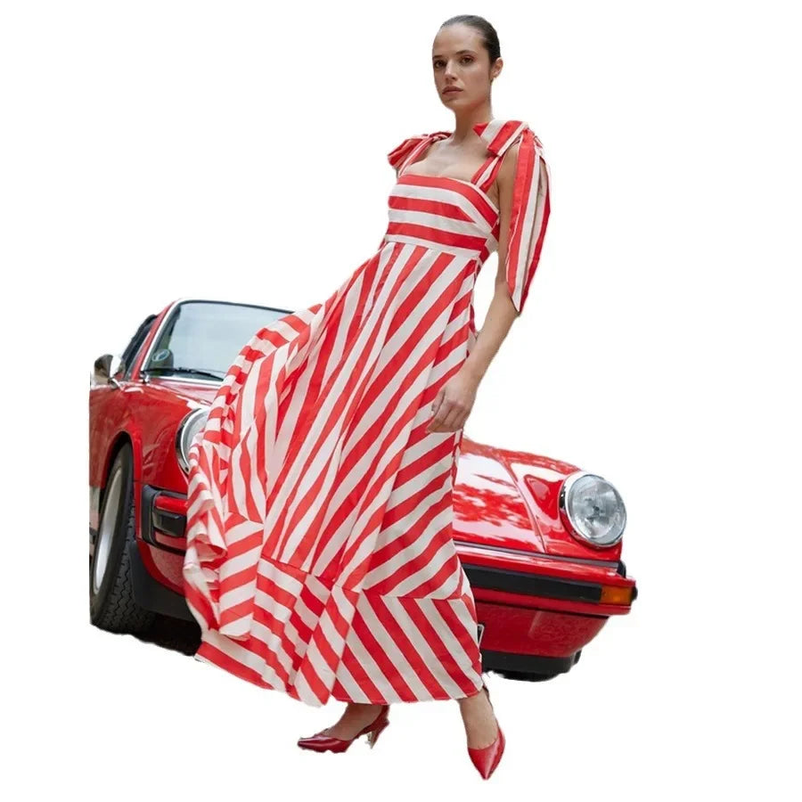 Striped Printing Lace-up Pendulum Dress