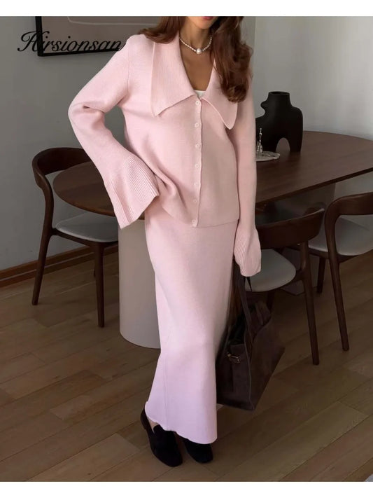 Hirsionsan Polo Neck Cardigan Sweater & Midi Dress Knitted Tracksuit Set