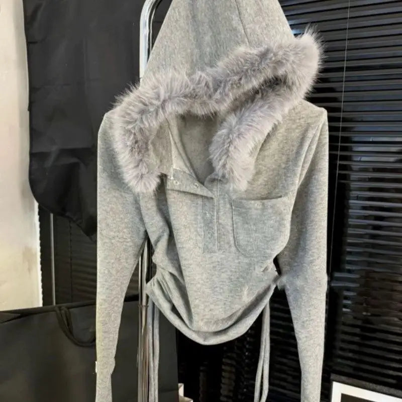 Faux Fur Trimmed Hooded Henley Top with Side Drawstring Ruched Detail