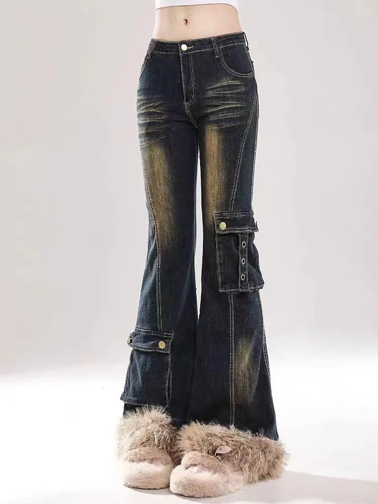 Faux Fur Denim Flare Pants