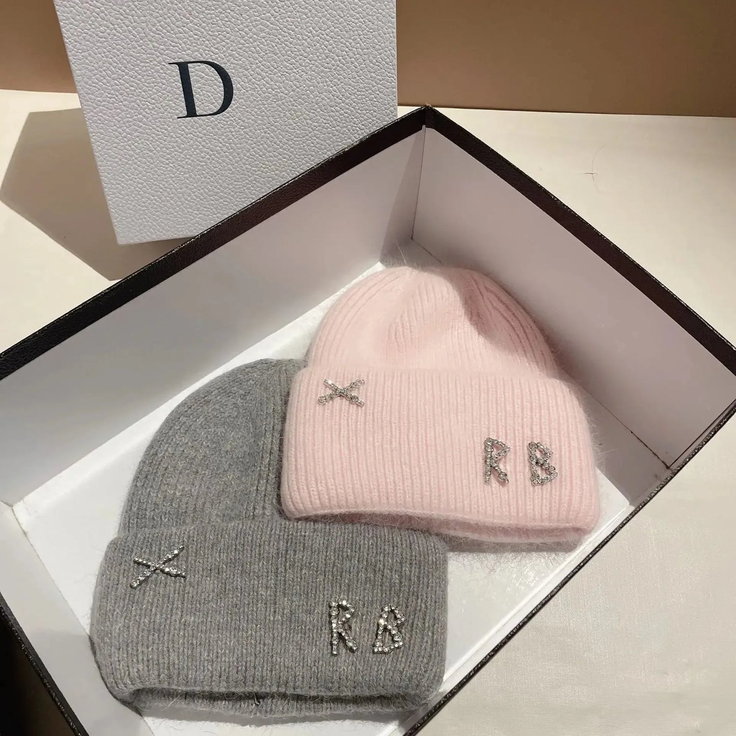 Real Rabbit Fur Diamonds Letter Beanie
