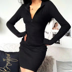 Solid Zipper Deep V-Neck Dress