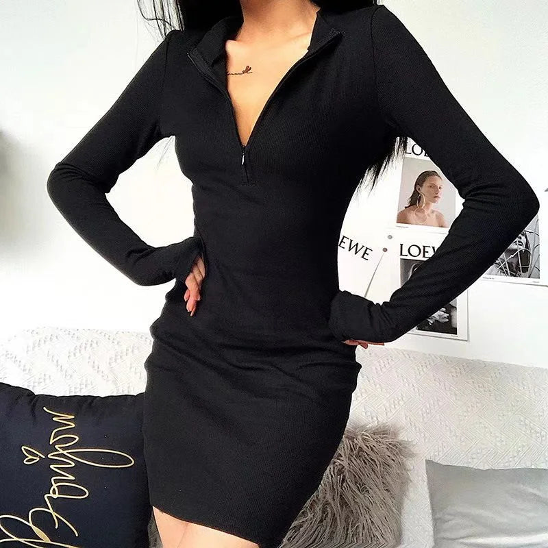 Solid Zipper Deep V-Neck Dress