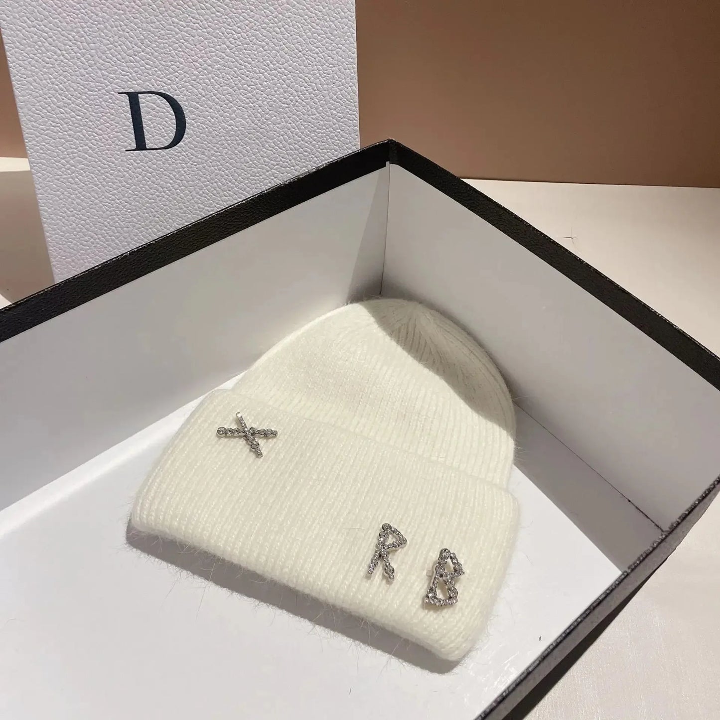 Real Rabbit Fur Diamonds Letter Beanie
