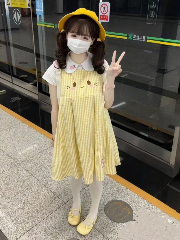 Plaid Cartoon Sleeveless Mini Dress + Doll Collar Blouse