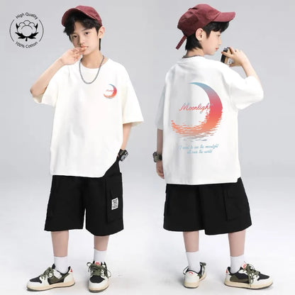 韓国子供服 2025年夏 Tシャツ クジラ漫画柄トップス ファッション 男の子 半袖 綿Tシャツ 女の子服