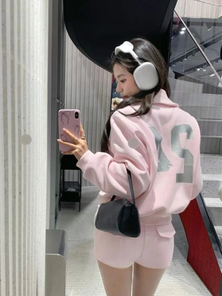 Zipper Hoodie Jacket + High Waist Straight Shorts Set