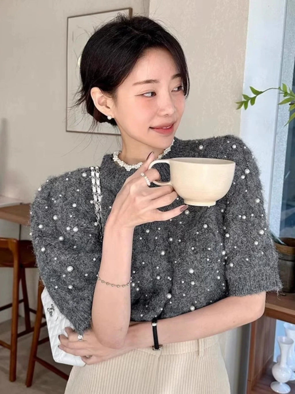 Bubble Sleeve Knitwear Round Neck Short Sleeve Sweater Top