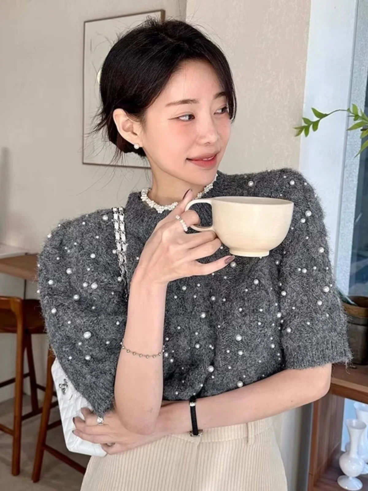 Bubble Sleeve Knitwear Round Neck Short Sleeve Sweater Top