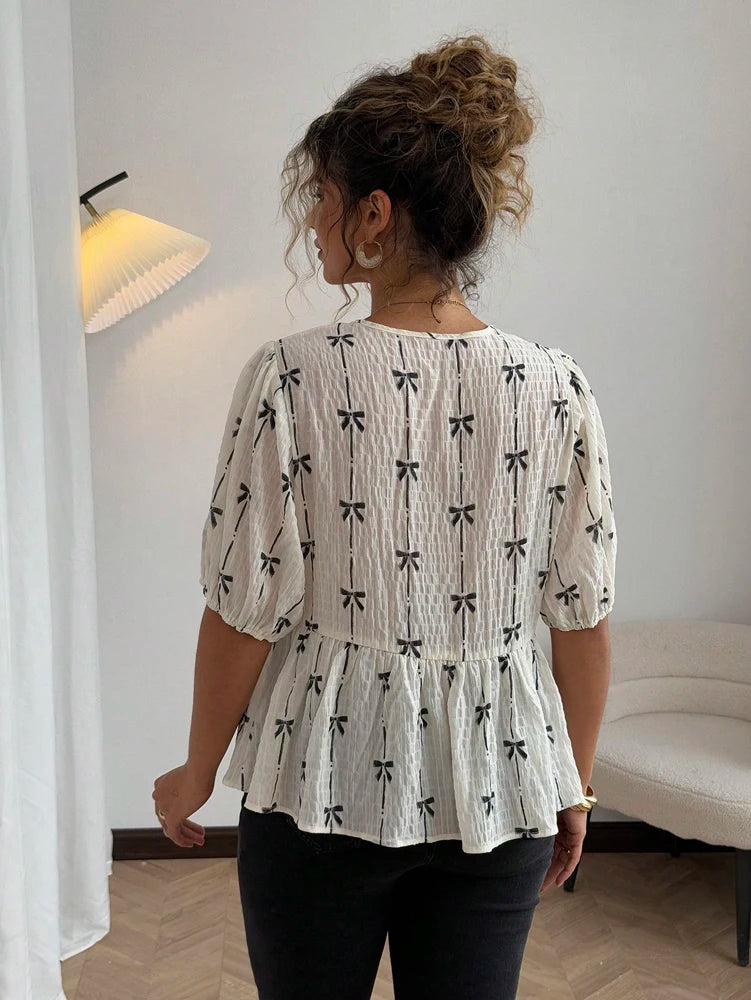 Butterfly Knot Pattern Bubble Sleeve Tie Shirt
