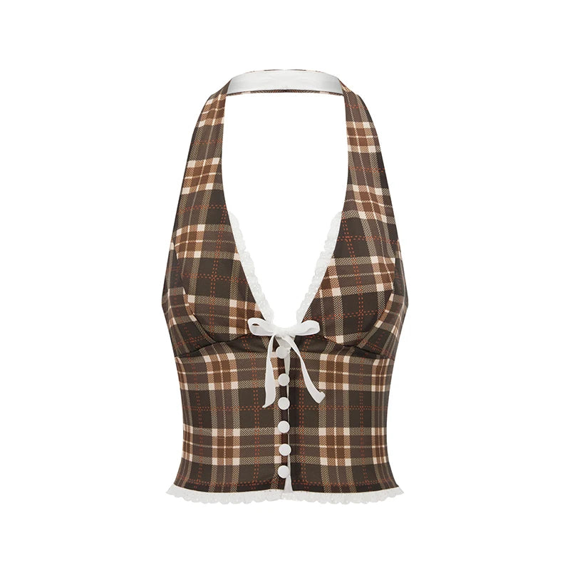 Halter V-Neck Plaid Waistcoat Slim Tank Top