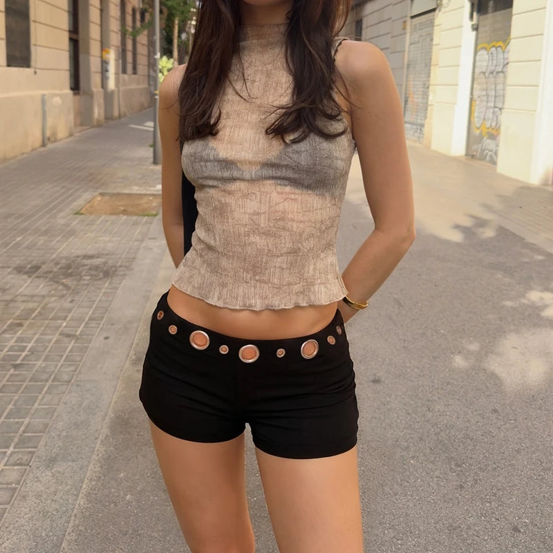Metal Hole Decor Waist Elastic Low Rise Bodycon Shorts