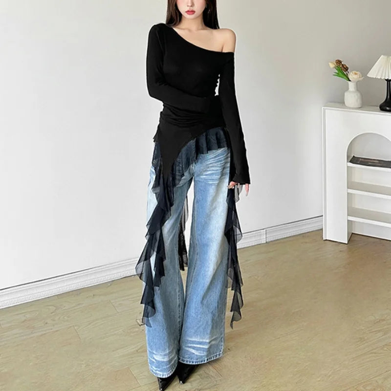 Lamuusaa Solid Color Off Shoulder Long Sleeve Asymmetrical Ruffle Hem T-Shirt