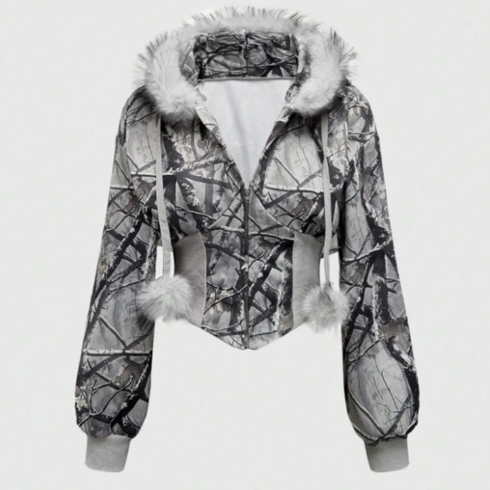 Faux Fur Trim Corset Zip-Up Hoodie