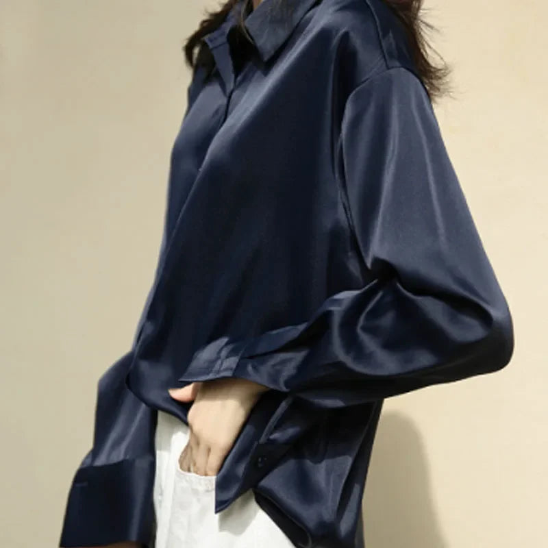 Fall Turn-down Collar Satin Loose Shirt