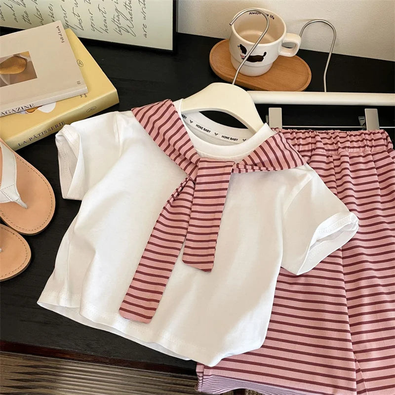 Short-Sleeved Tee With Stripes Shawl + Pants Set