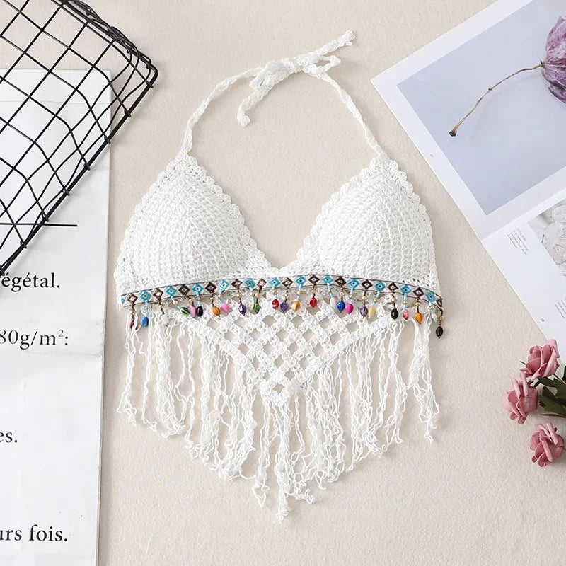 Boho Crochet Fringe Halter Crop Top