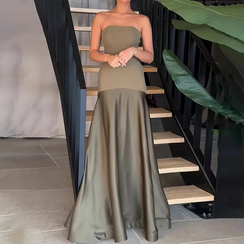 Strapless Drop-Waist Satin Maxi Gown