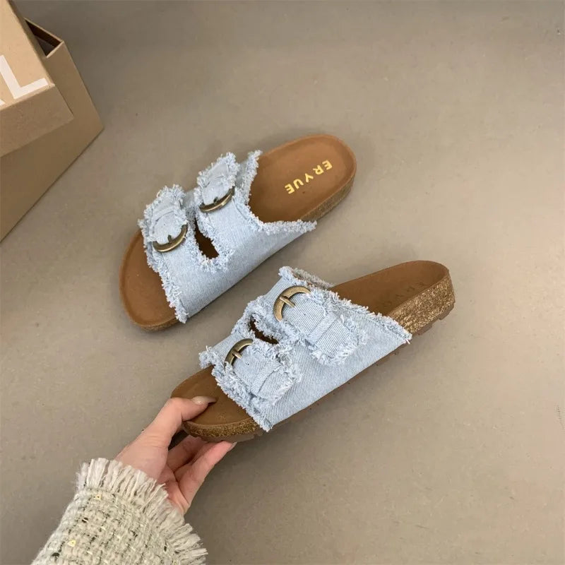 Distressed Denim Double Strap Slide Sandals