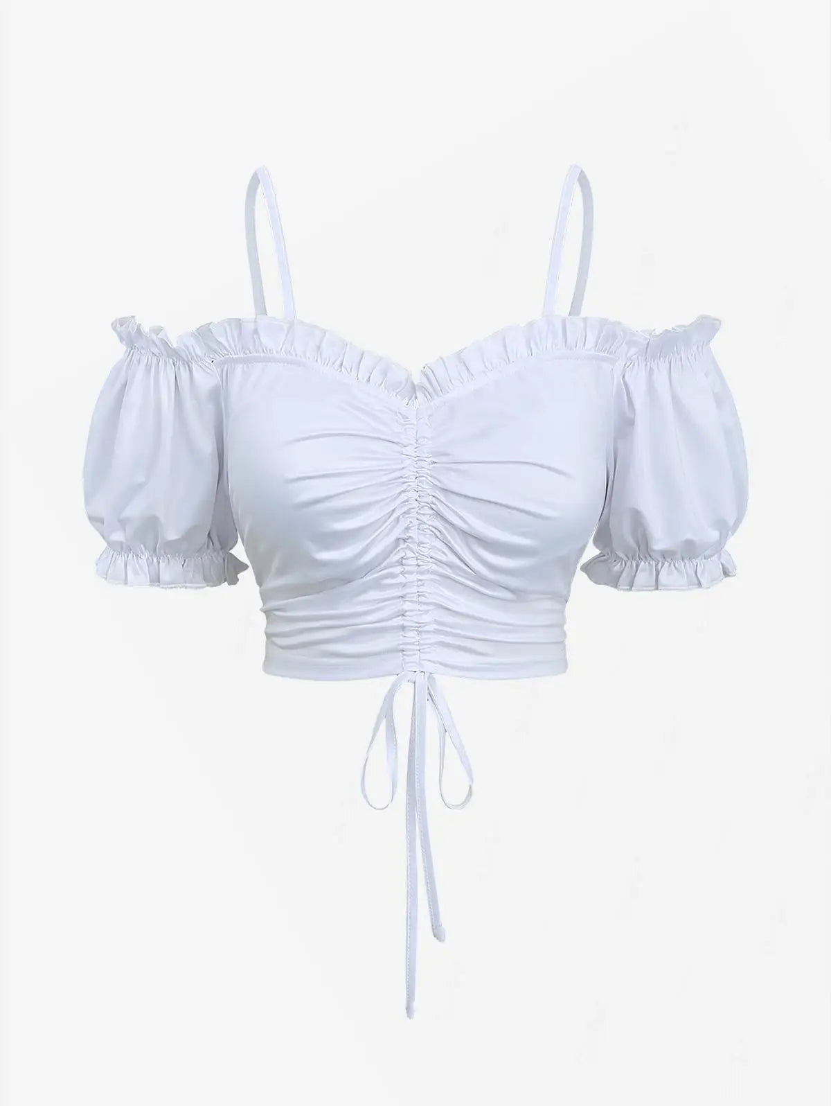 Cold Shoulder Puff Sleeves Cinched Ruffles Cropped Tops Solid  Women Summer Casual Cami Top XS-3X