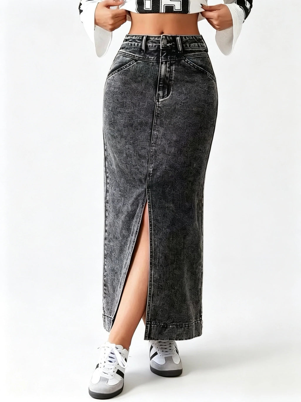 High-Waisted Front-Slit Denim Skirt