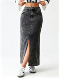 High-Waisted Front-Slit Denim Skirt