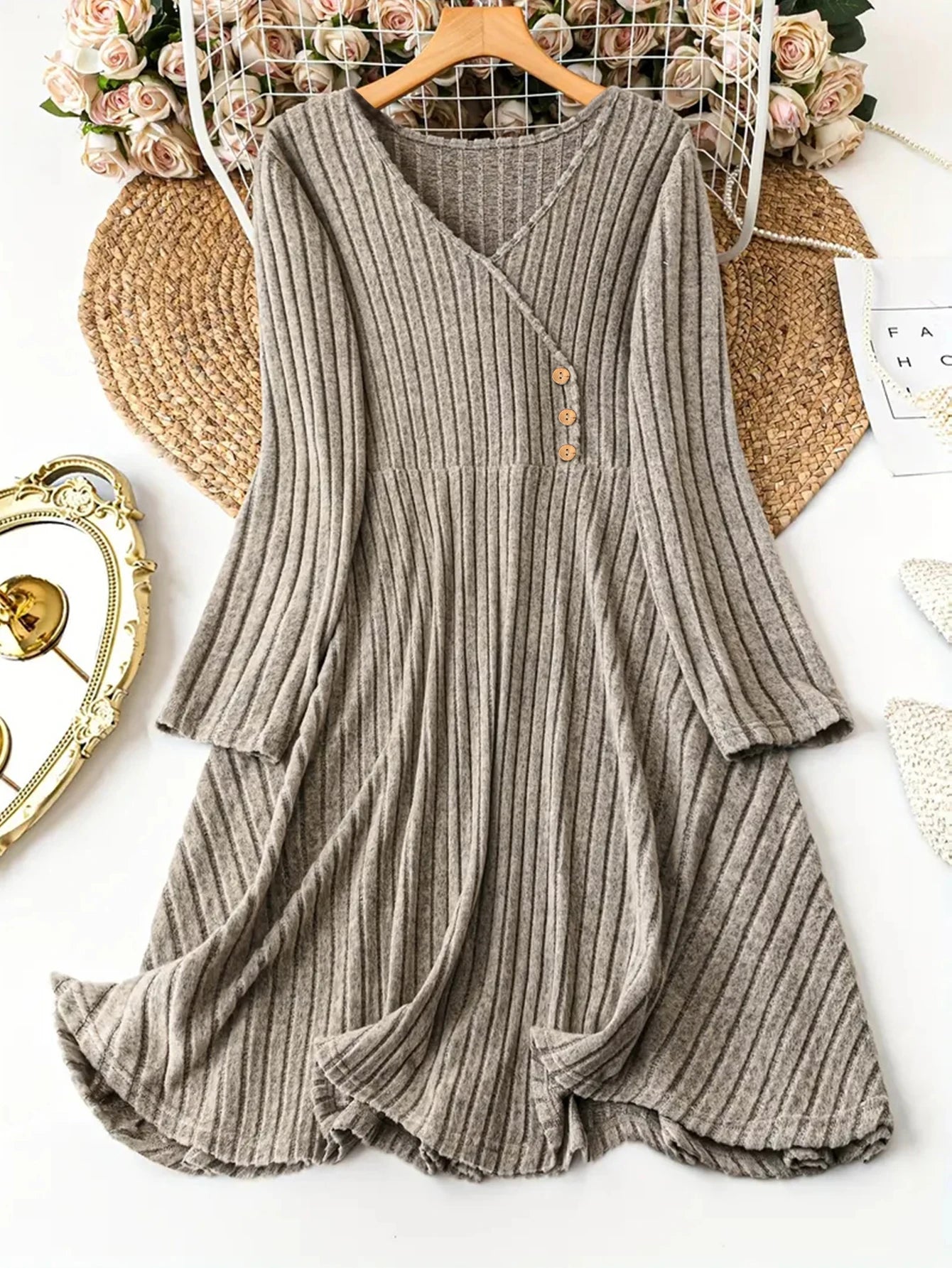 Solid Color V-Neck Long Sleeve Stripe Dress