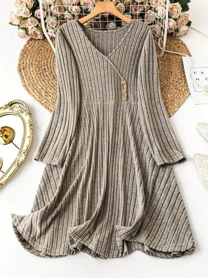Solid Color V-Neck Long Sleeve Stripe Dress