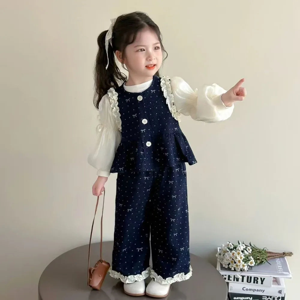 Denim Ruffle Bow Printed Vest + Long Sleeved Shirt + Pants 3 Pcs Set