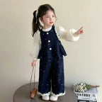Denim Ruffle Bow Printed Vest + Long Sleeved Shirt + Pants 3 Pcs Set